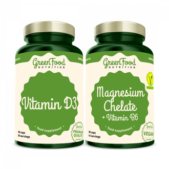 GreenFood Nutrition Magnesium Chelate 90cps + Vitamin D3 60cps.